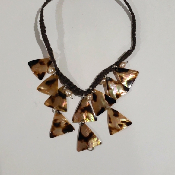 Braided Brown Cord Beaded Seashell Triangle Shape Necklace - Women's Jewelry - Picture 3 of 7